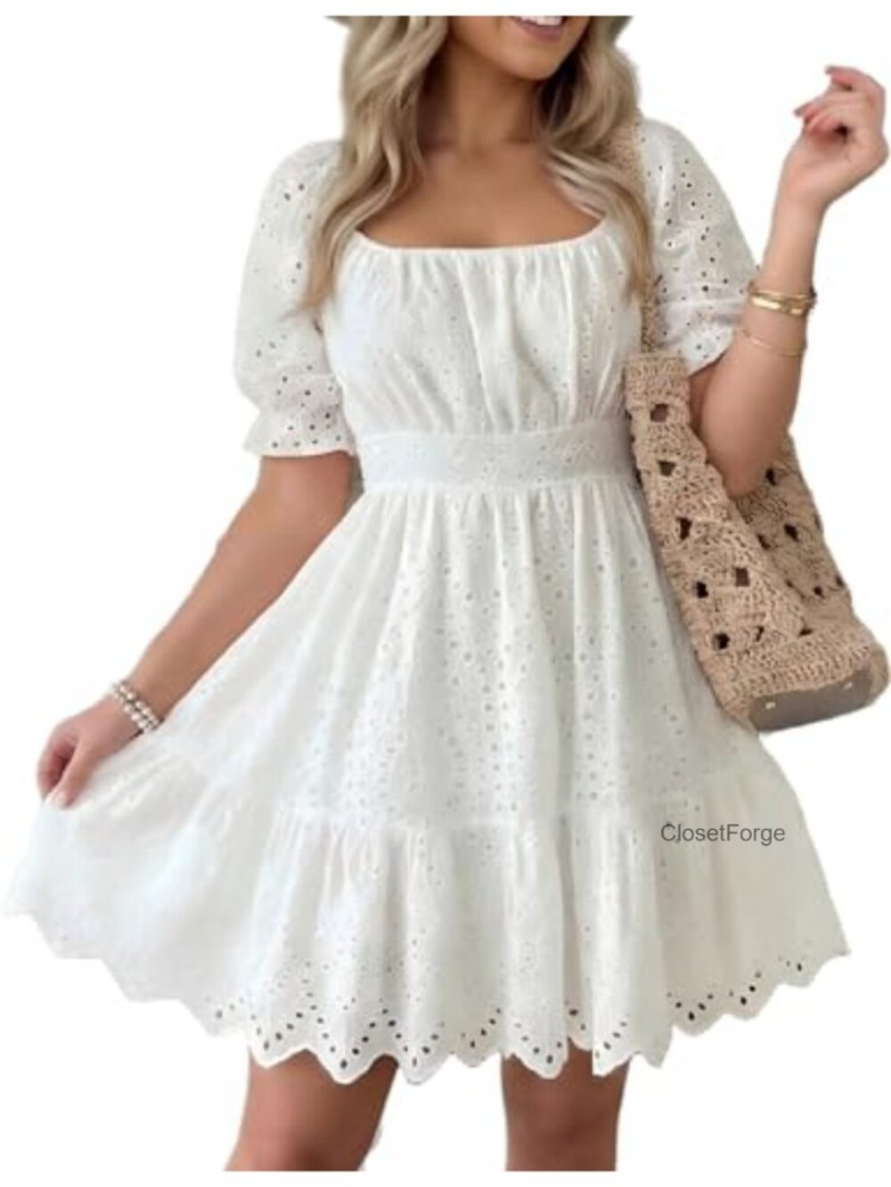 Women's Square Neck Puff Sleeve A-Line Mini Dress 100% Cotton